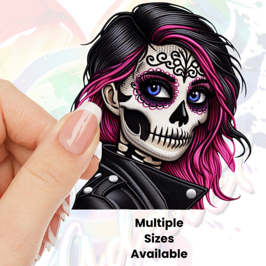 Female Skeleton with Leather Jacket (faux embroidery) UV DTF Decal