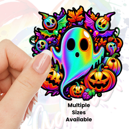 Ghost with Pumpkins and fall leaves (faux embroidery) UV DTF Decal