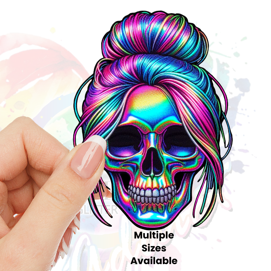 Holographic Female Skull (faux embroidery)  UV DTF Decal