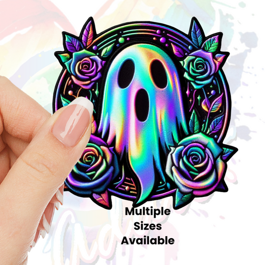 Holographic Ghost and Roses (faux embroidery) UV DTF Decal