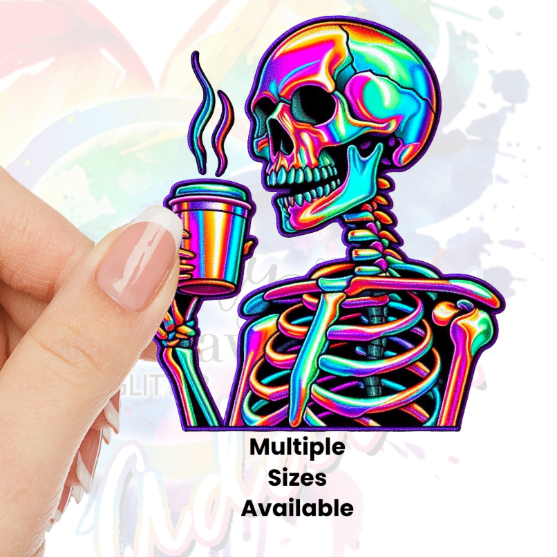 Holographic Skull drinking coffee (faux embroidery) Uv dtf  Decal