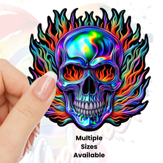 Holographic Skull With Flames (faux) UV DTF Decal