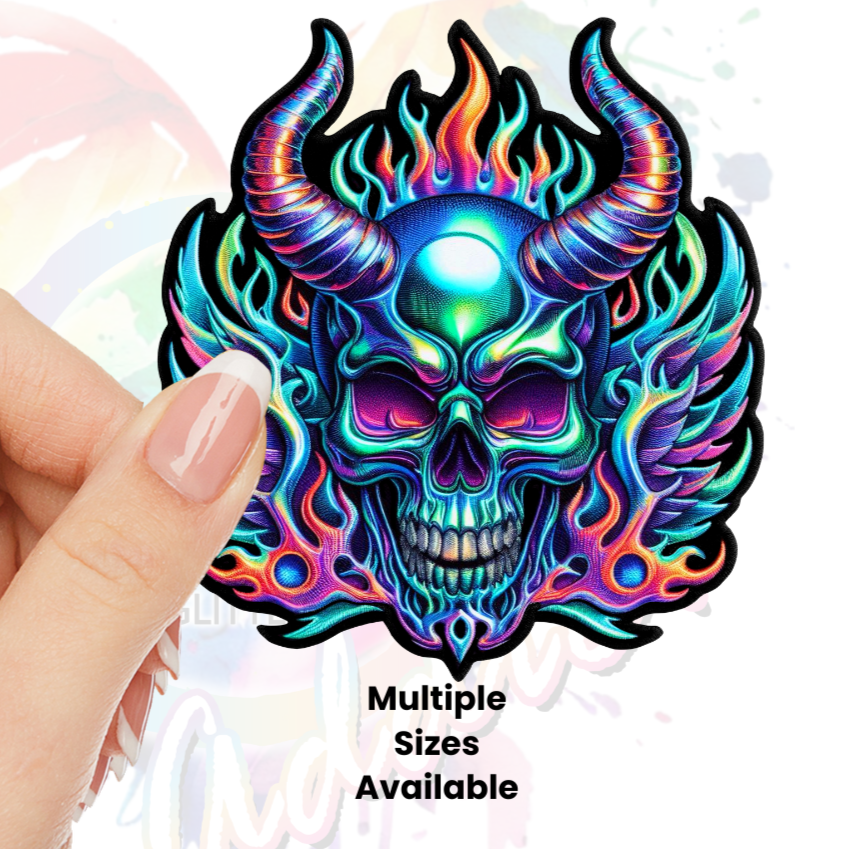 Holographic Skull with Horns and Flames (faux) UV DTF Decal