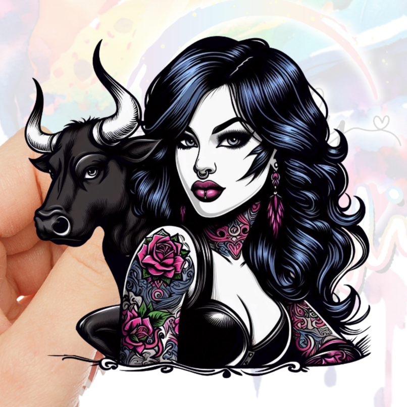 Tatty Girl and Bull UV DTF Decal