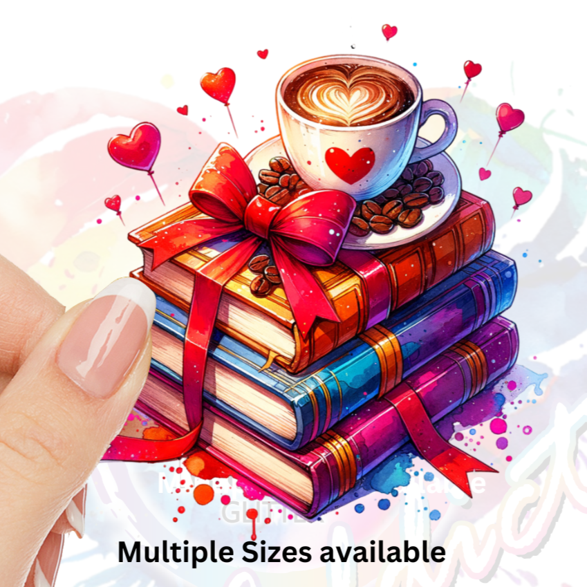 Valentines Day Books and Coffee UV DTF Decal