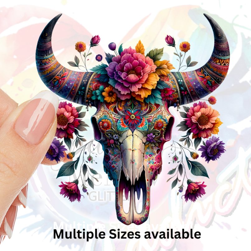 Flower Bull skull 3 UV DTF Decal