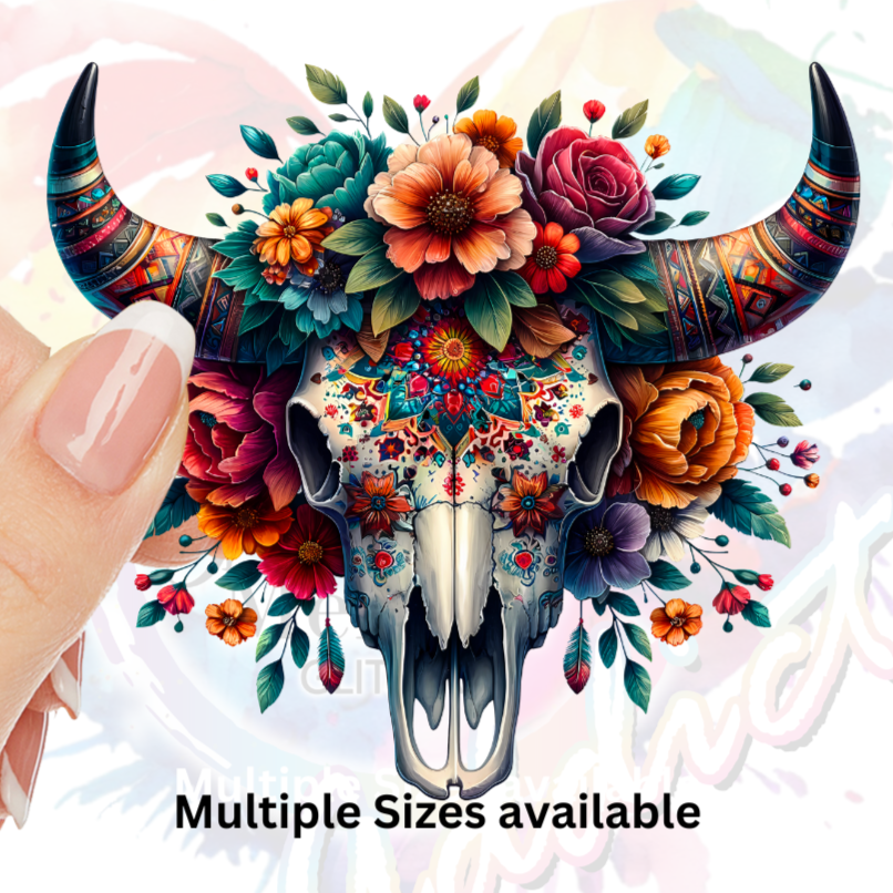 Flower bull skull 7 uv dtf decal