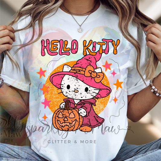 Hello Kitty Halloween Witch Costume with Jack-o'-Lantern Pumpkin DTF Transfer