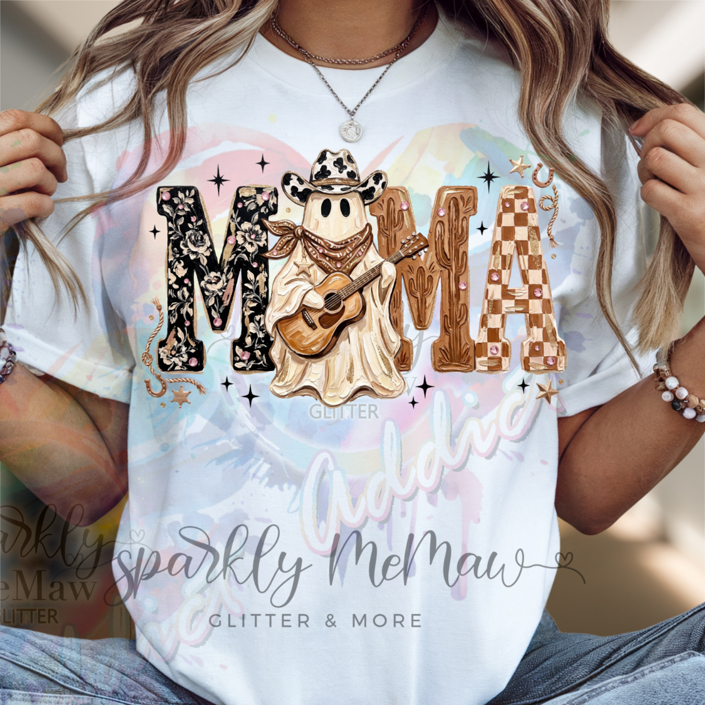 Mama Western Cowboy Ghost Playing Guitar with Cow Print Hat Floral and Checkered Letters DTF Fabric Transfer