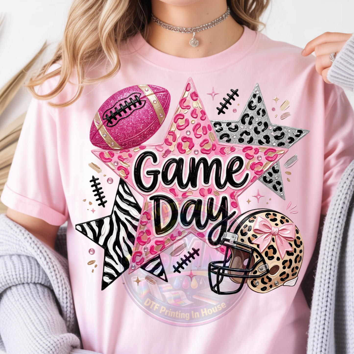 Game Day Pink Glitter Football Leopard Print Helmet Zebra Stars DTF Fabric Transfer