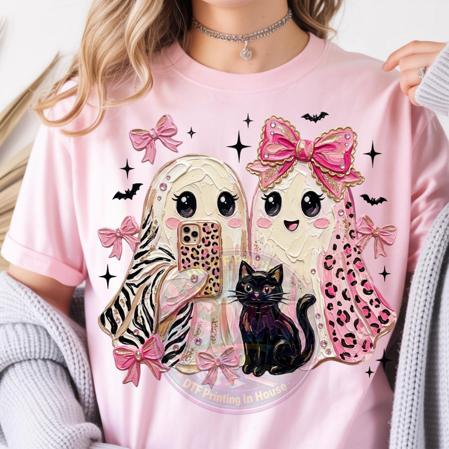 Coquette Halloween Ghost BFFs with Black Cat Selfie Pink Leopard and Zebra Print Bows and Bats DTF Fabric Transfer