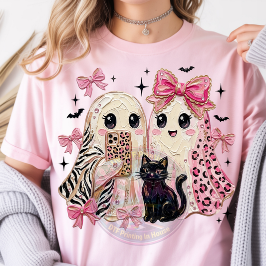 Coquette Halloween Ghost BFFs with Black Cat Selfie Pink Leopard and Zebra Print Bows and Bats DTF Fabric Transfer