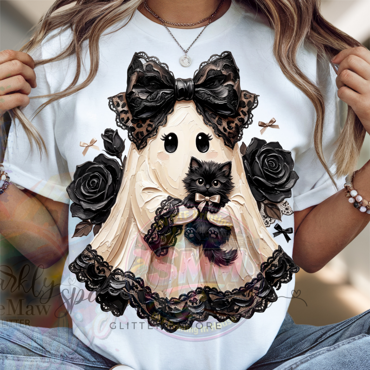 Cute Gothic Lolita Ghost with Black Kitten and Black Roses DTF Fabric Transfer