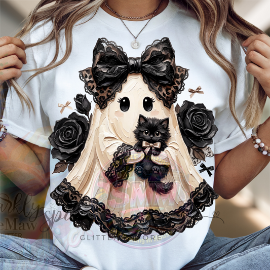 Cute Gothic Lolita Ghost with Black Kitten and Black Roses DTF Fabric Transfer