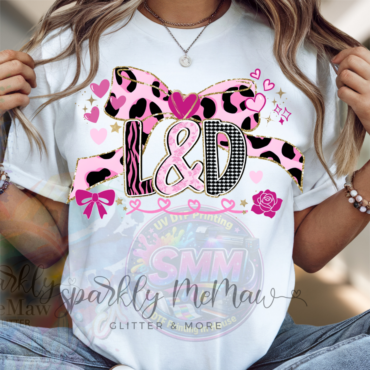 L&D Pink Leopard Print Gold Glitter Bow Hearts and Roses Patterned Letters DTF Fabric Transfer