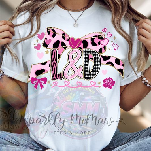 L&D Pink Leopard Print Gold Glitter Bow Hearts and Roses Patterned Letters DTF Fabric Transfer