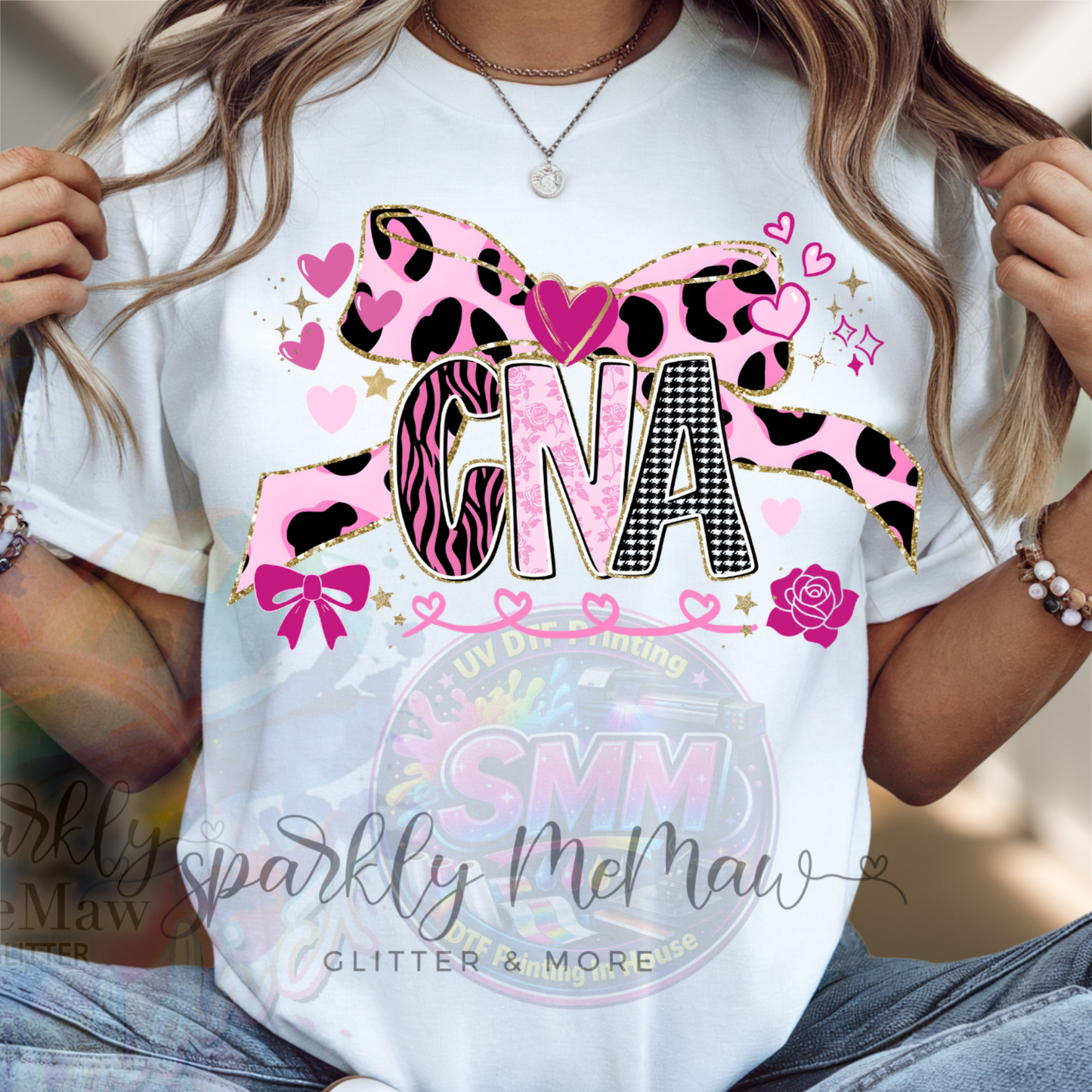 CNA Pink Leopard Zebra Houndstooth Mixed Pattern Letters with Gold Glitter Bow Hearts and Roses DTF Fabric Transfer