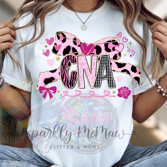 CNA Pink Leopard Zebra Houndstooth Mixed Pattern Letters with Gold Glitter Bow Hearts and Roses DTF Fabric Transfer