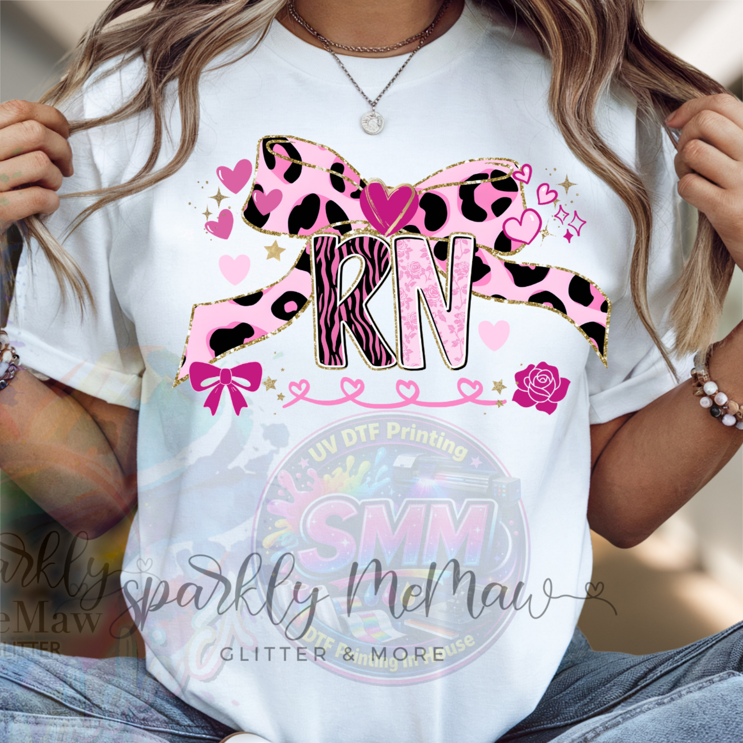 RN Registered Nurse Pink Leopard Print Bow Gold Glitter Hearts Roses DTF Fabric Transfer