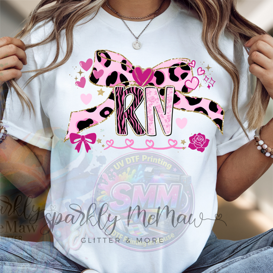 RN Registered Nurse Pink Leopard Print Bow Gold Glitter Hearts Roses DTF Fabric Transfer