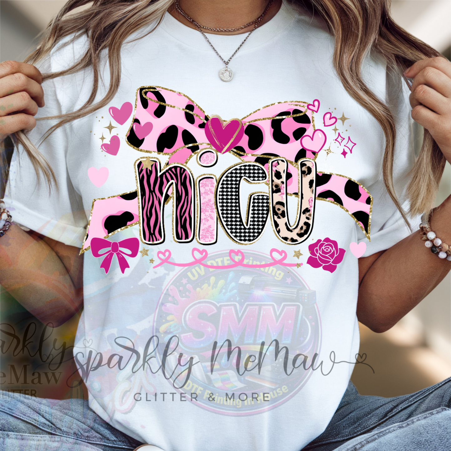 NICU Pink Leopard Print Coquette Bow Gold Glitter Hearts Roses DTF Fabric Transfer