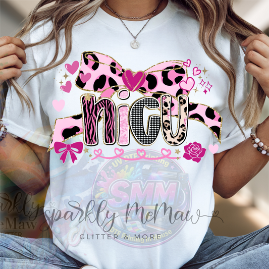 NICU Pink Leopard Print Coquette Bow Gold Glitter Hearts Roses DTF Fabric Transfer