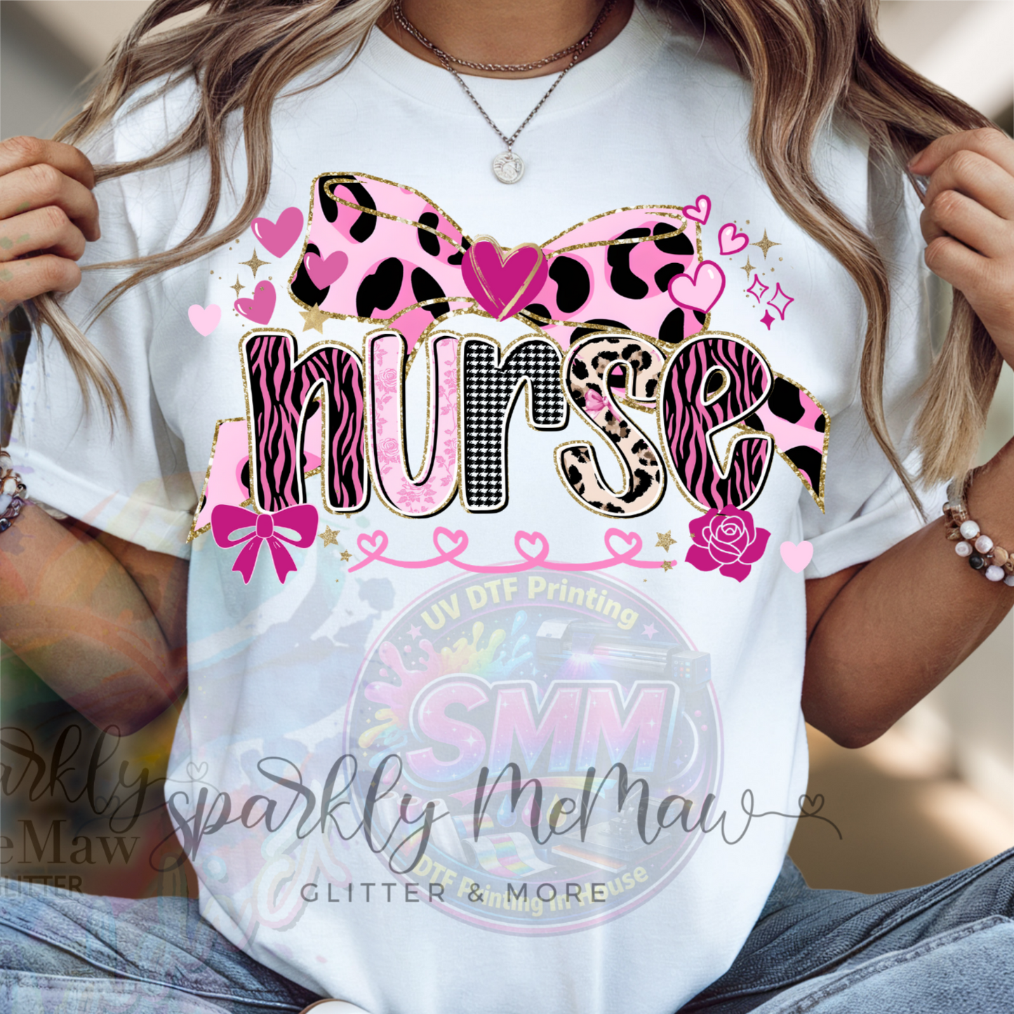 Nurse Pink Leopard Zebra Mixed Animal Print with Bow Hearts and Roses DTF Fabric Transfer