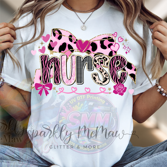 Nurse Pink Leopard Zebra Mixed Animal Print with Bow Hearts and Roses DTF Fabric Transfer