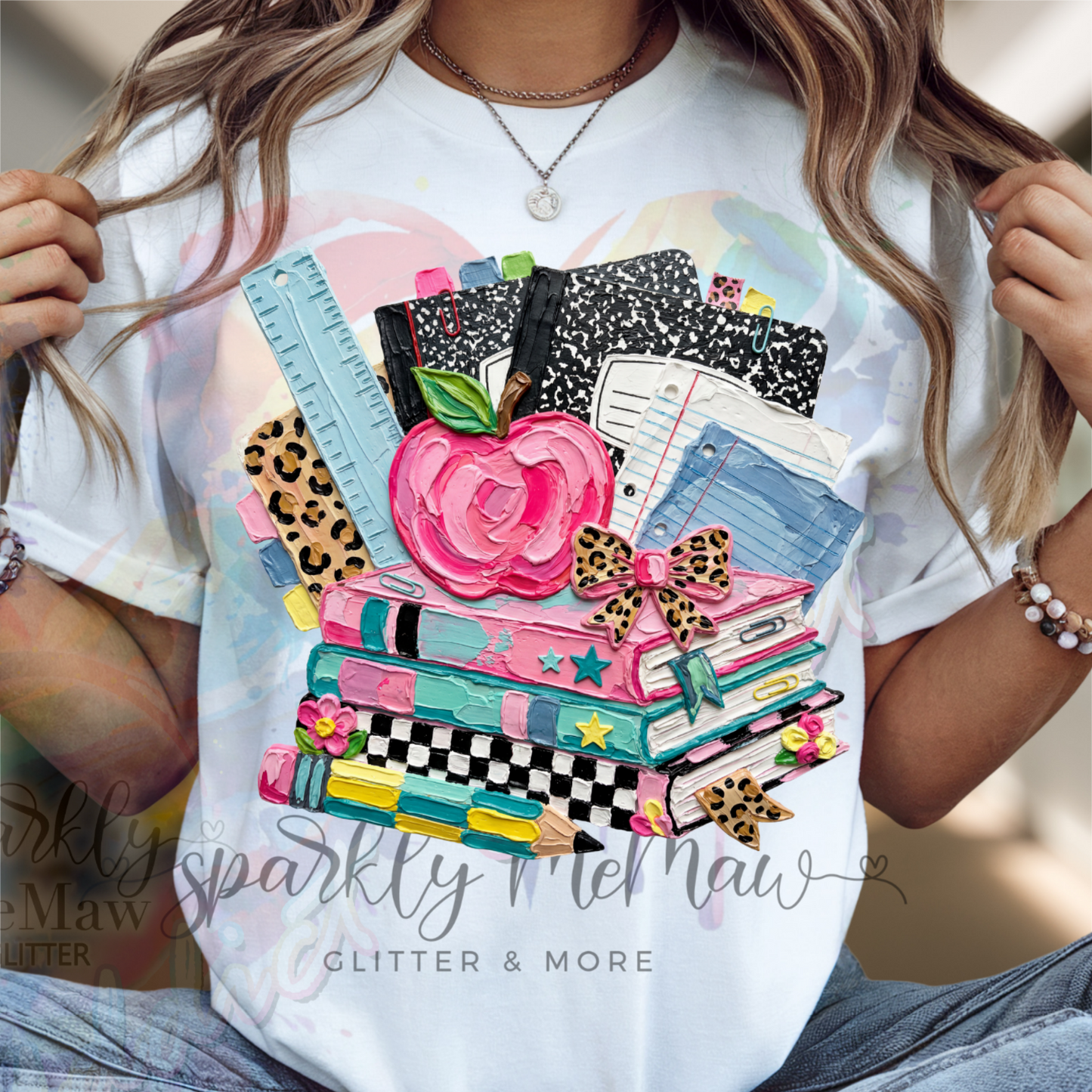 Colorful Back to School Stack with Pink Apple Leopard Bow Composition Notebooks Ruler and Pencils DTF Fabric Transfer