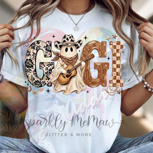 GIGI Cowboy Ghost Playing Guitar Western Boho Letters DTF Fabric Transfer