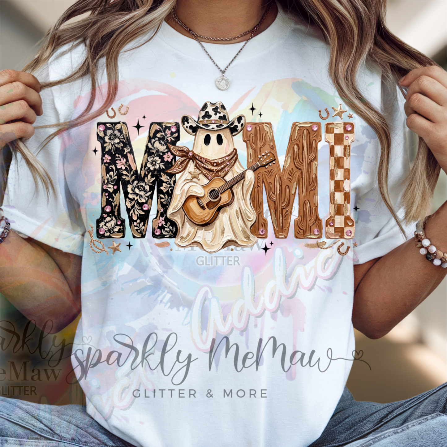 Western Cowboy Ghost Playing Guitar MIMI Letters with Floral Cactus Checkered Pink Rhinestone Boho Halloween DTF Fabric Transfer
