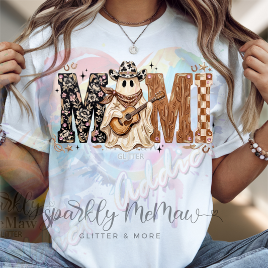 Western Cowboy Ghost Playing Guitar MIMI Letters with Floral Cactus Checkered Pink Rhinestone Boho Halloween DTF Fabric Transfer
