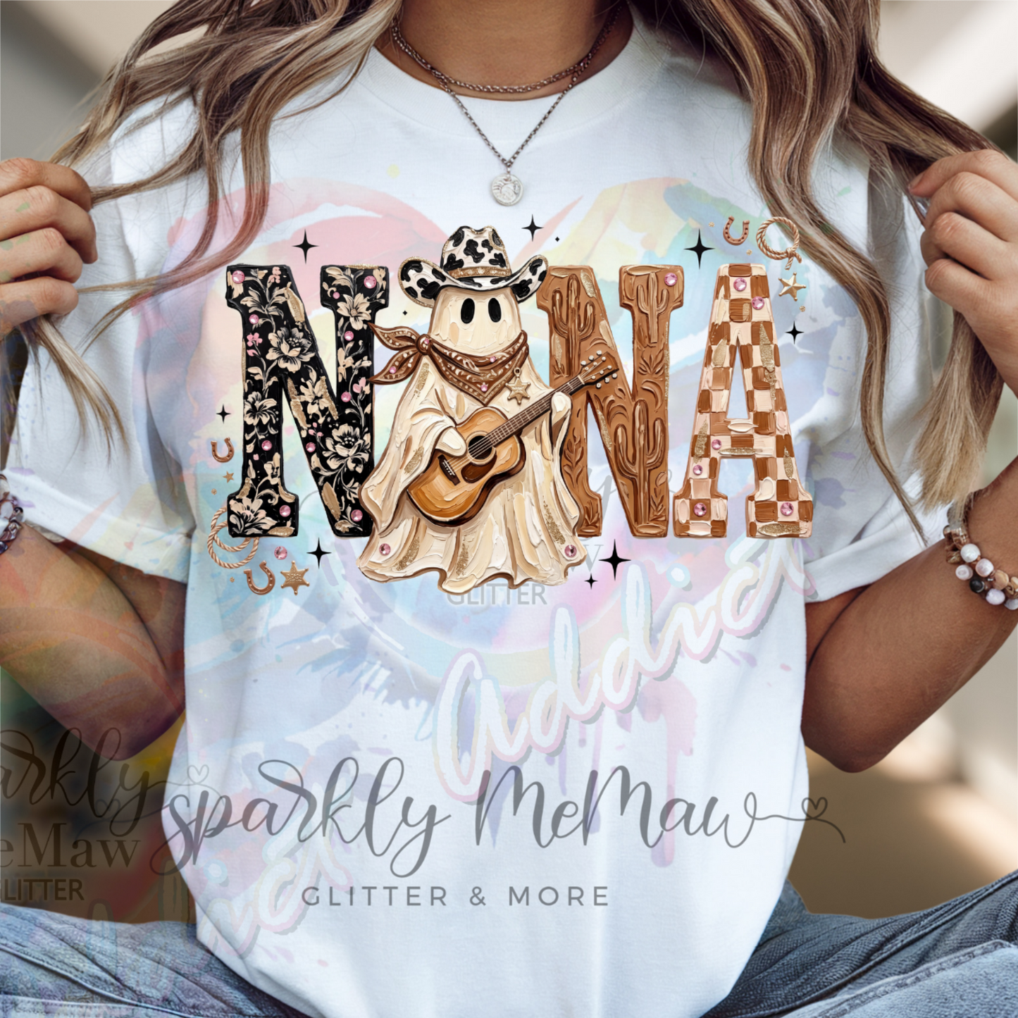 Nana Western Cowboy Ghost Playing Guitar with Cow Print Hat Sheriff Badge Boho Floral Checkered Letters DTF Fabric Transfer