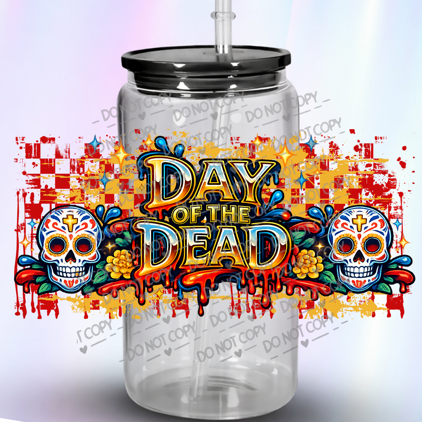 Day of the Dead Sugar Skulls with Marigolds and Dripping Text UV DTF wrap