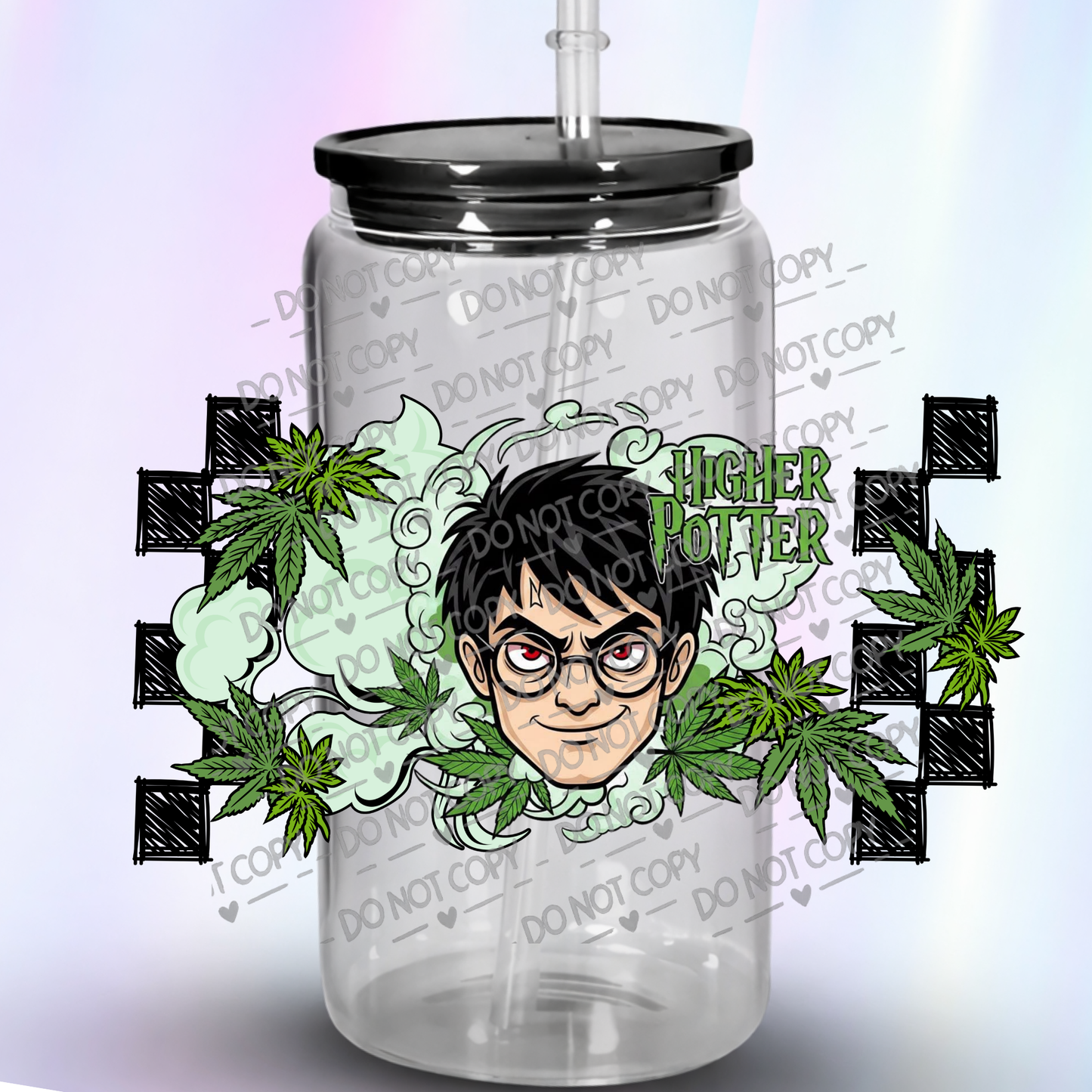 Higher Potter Cannabis Wizard Character with Glasses and Green Smoke UV DTF Decal