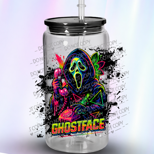 Neon Ghostface Scream Killer with Retro Phone Graffiti Art UV DTF Decal