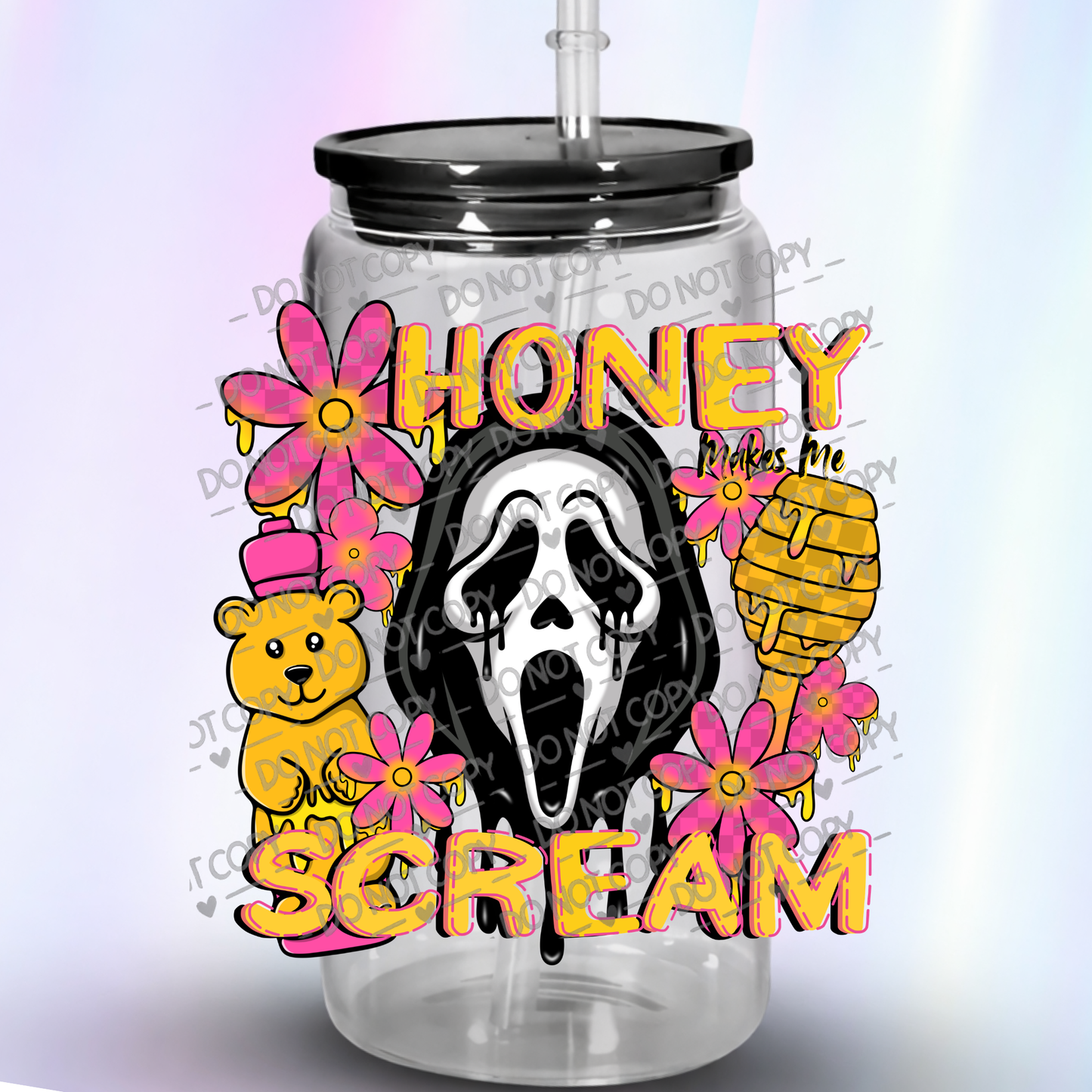 Ghostface Scream Mask Honey Makes Me Scream with Pink Flowers and Teddy Bear UV DTF Decal