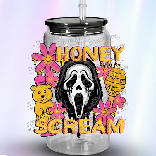 Ghostface Scream Mask Honey Makes Me Scream with Pink Flowers and Teddy Bear UV DTF Decal