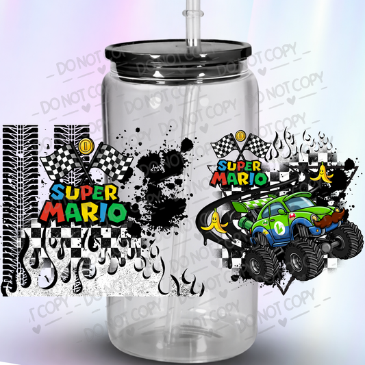 Super Mario Kart Racing Design with Checkered Flags and Tire Tracks UV DTF Wrap