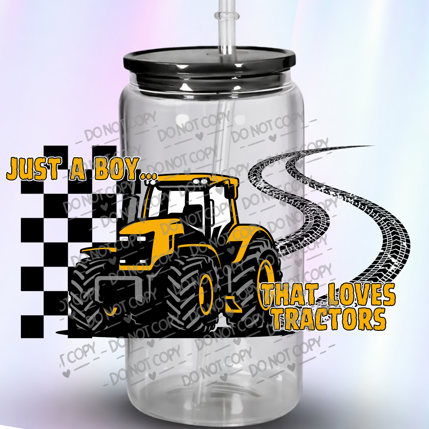 Just A Boy That Loves Tractors Yellow Farm Tractor with Tire Tracks UV DTF wrap