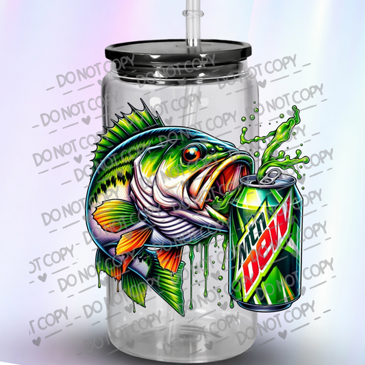 Bass Fish Drinking Mountain Dew with Green Slime Drips UV DTF Decal
