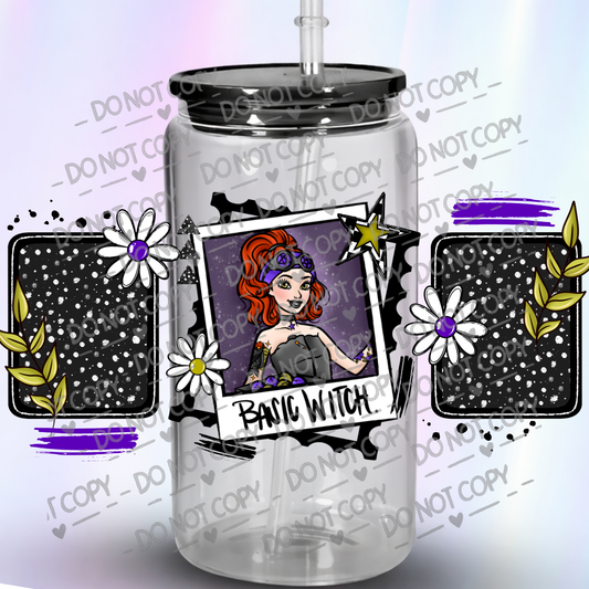 Basic Witch Redhead Character with Starry Night Frames and Daisies 16 oz UV DTF Wrap
