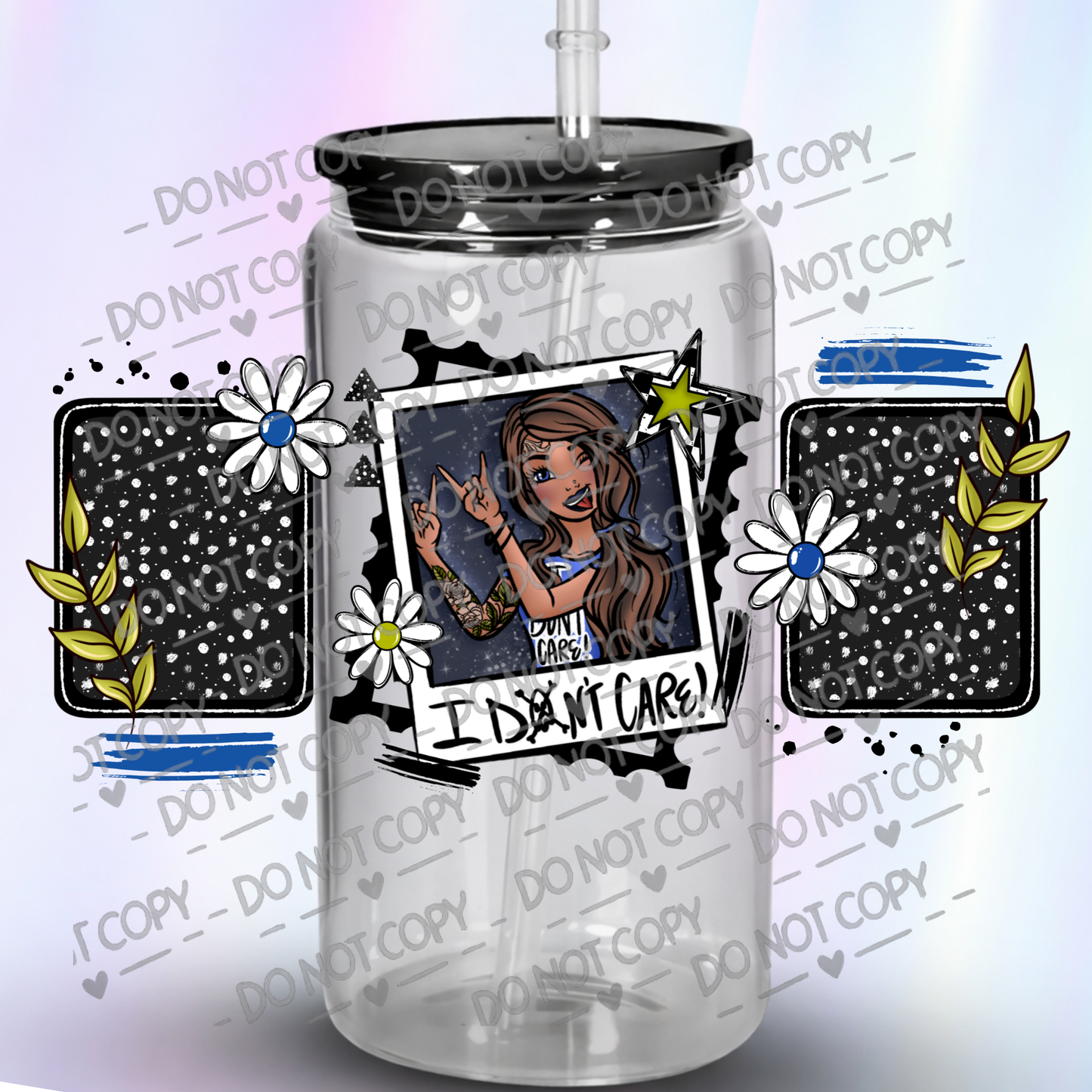 I Don't Care Girl with Daisies and Starry Night Frames 16 oz UV DTF Wrap