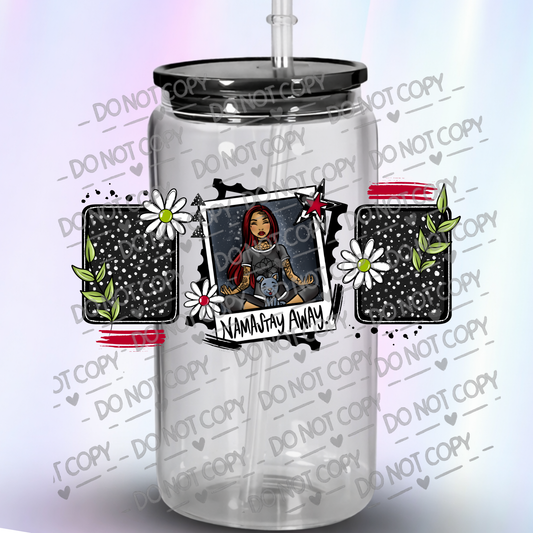 Namastay Away Tattooed Girl with Cat Polaroid Frame Design 16 oz UV DTF Wrap