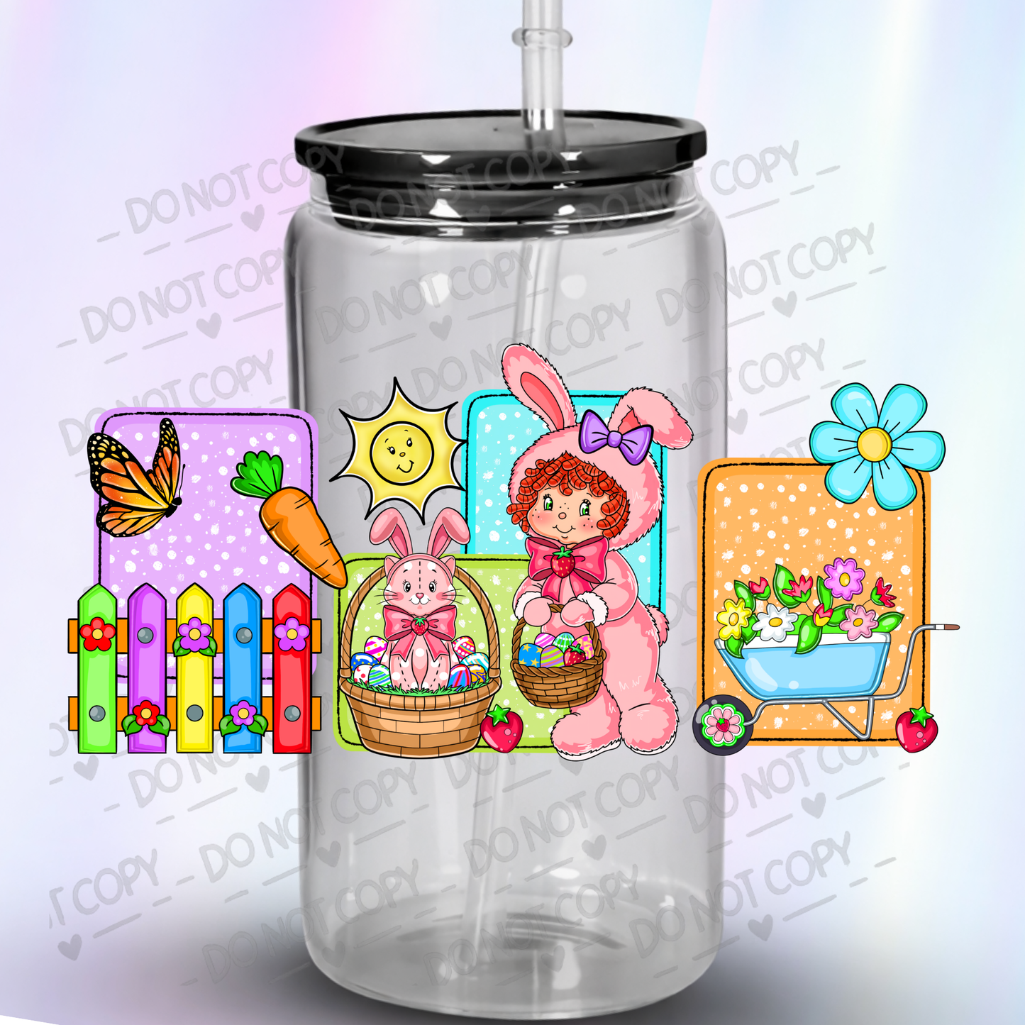 Cute Easter Bunny Girl with Spring Garden Scene UV DTF 16 oz wrap
