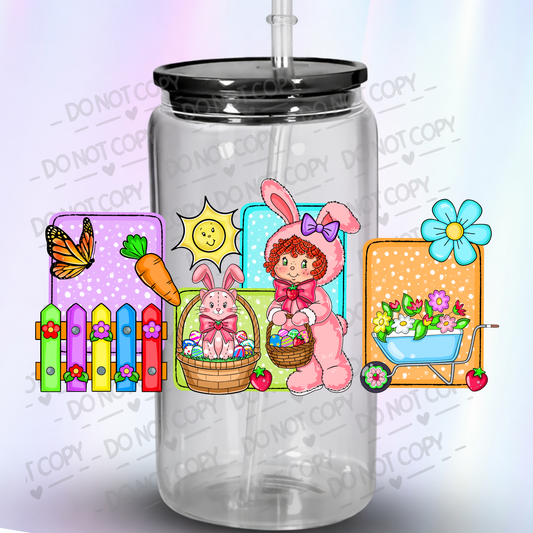 Cute Easter Bunny Girl with Spring Garden Scene UV DTF 16 oz wrap