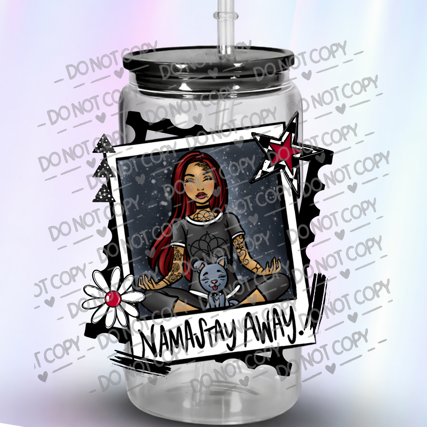 Namastay Away Gothic Girl with Cat and Sacred Geometry UV DTF Decal