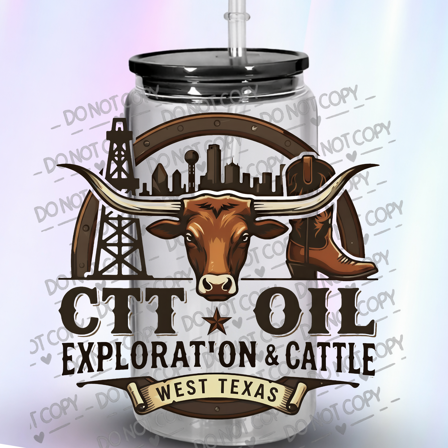 West Texas Oil Exploration and Cattle Longhorn Design UV DTF Decal