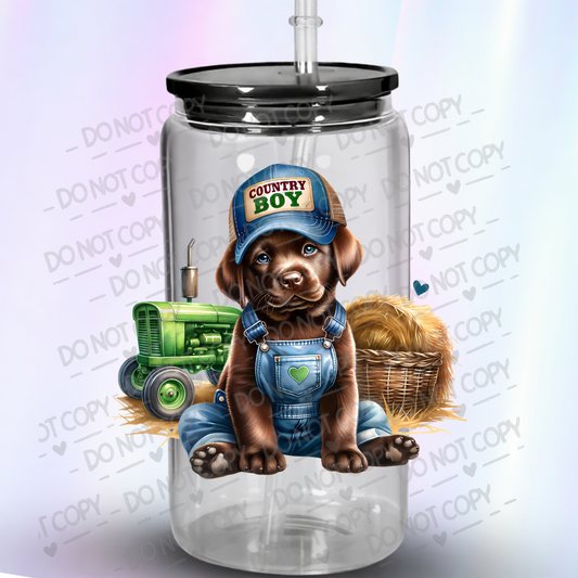 Country Boy Puppy in Overalls with Green Tractor and Hay Bales Uv DTF Decal