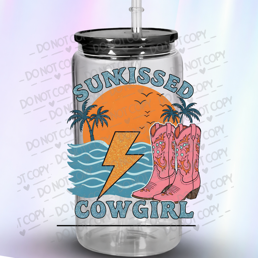 Sunkissed Cowgirl Pink Boots Lightning Bolt Beach Scene UV DTF Decal